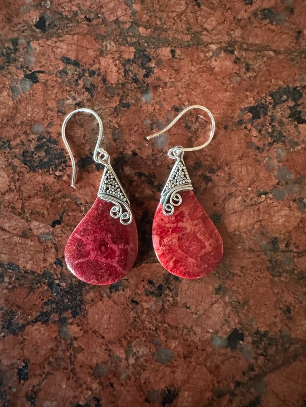 Red Teardrop Stone Dangle Earrings - Silver Accent